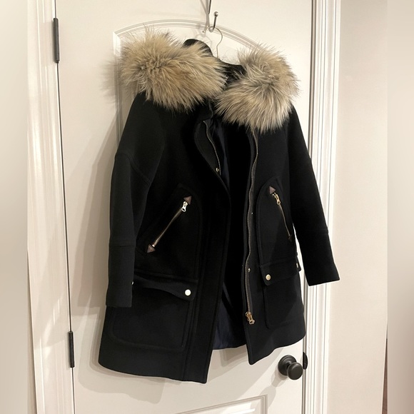 J. Crew Black Wool Winter Coat with Furry Hood - Size 2 - Picture 3 of 11